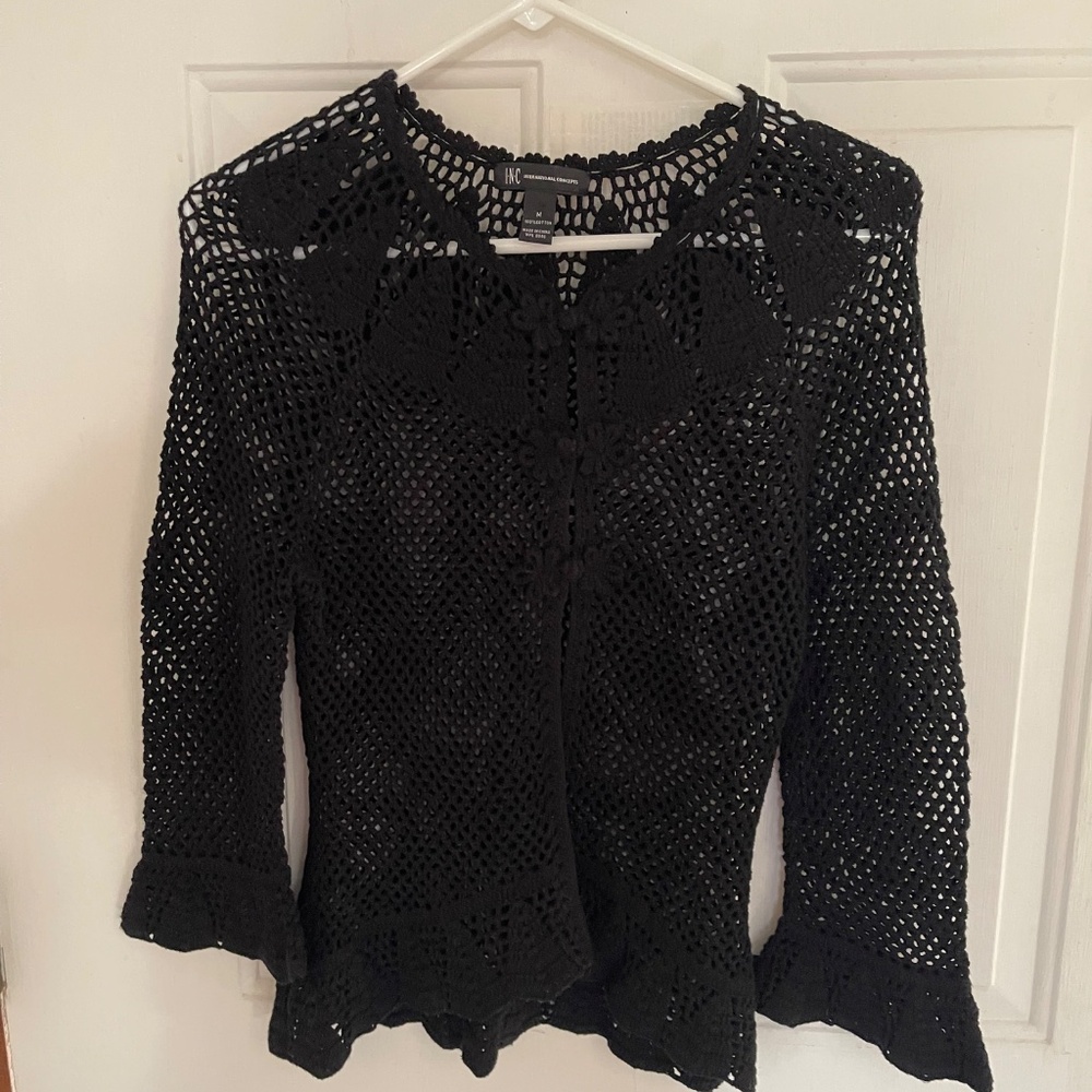 INC International Concepts Open Knit Crochet Black Ruffle  Hem Cardigan M